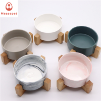 Ceramic Raised Cat Bowl Food Water Dog Basic Bowl with Anti-Slip Wooden Stand Protect Neck Joints Pet Feeding Bowls