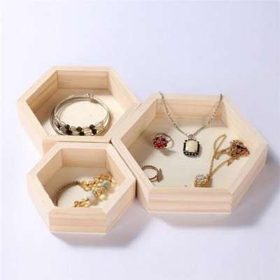 3pcs/1pc Wood Jewelry Storage Boxes Bracelet Necklace Display Tray Plate Hexagon Wooden Cases Organizer Dishes Tray