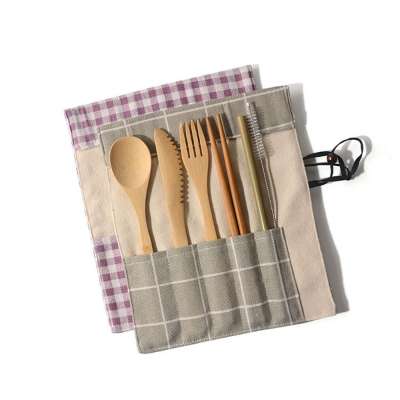 Customized outdoor portable canvas bag environmental protection 7 piece set portable knife fork spoon set student set