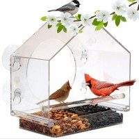 Clear Wall-mounted Window Bird Cage House Type Bird Feeder with Removable Drawer Trough