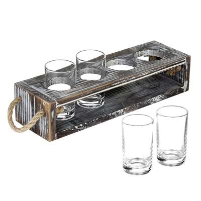 Rustic Torched Wood Beer Flight Serving Caddy with 5-ounce Glasses