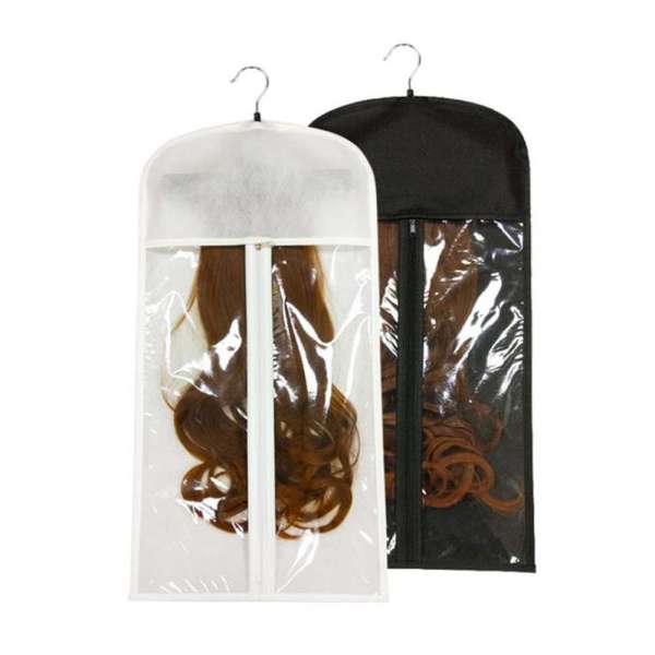 Portable Non Woven and Clear PVC Plastic Dust Proof Wig Case Bags with Hanger Hair Extension Storage Bag